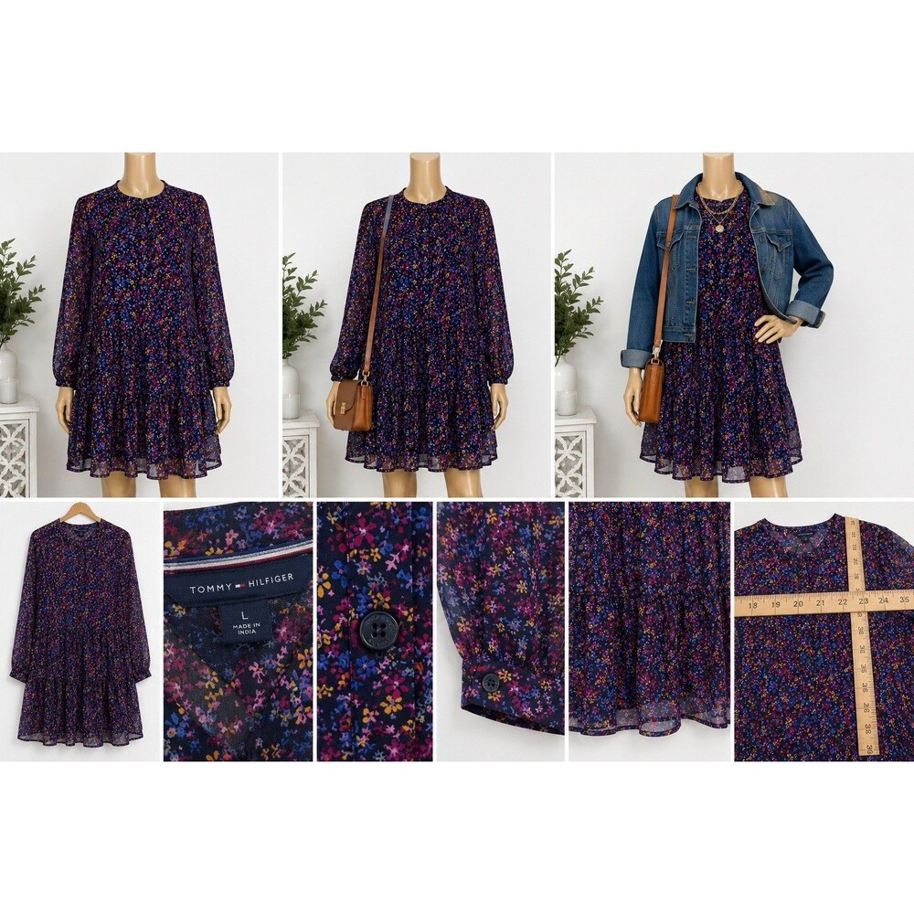 Tommy Hilifiger Women's L Blue Floral Tiered Shirt Dress Long Sleeve Cottagecore